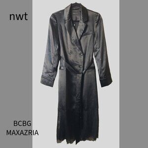 NEW NWT Black BCBGMAXAZRIA Satin Trench Coat with Lace Bottom, SZ XS